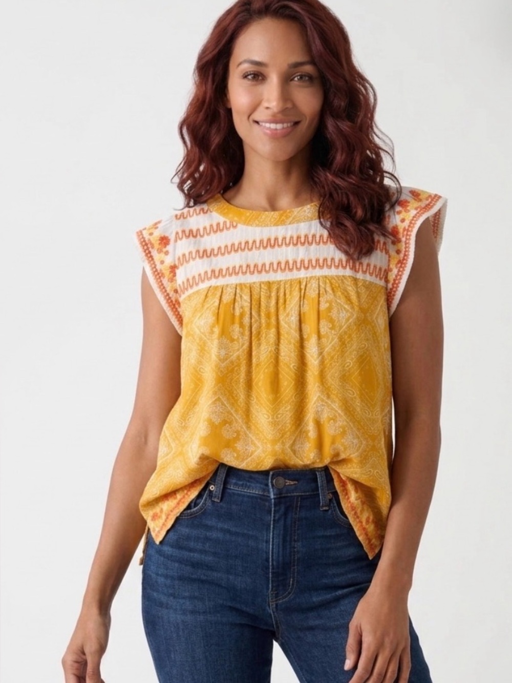 Savanna Jane yellow colorful top blouse style 18374 size large